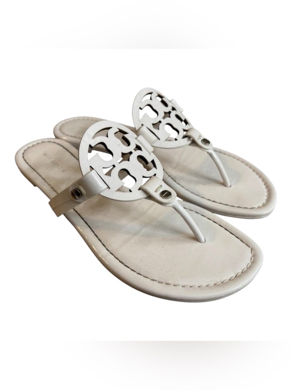 Tory Burch Miller Logo Thong Slip On Sandals Cream/Ivory Flats Size 8